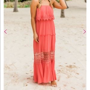 Coral maxi dress with lace